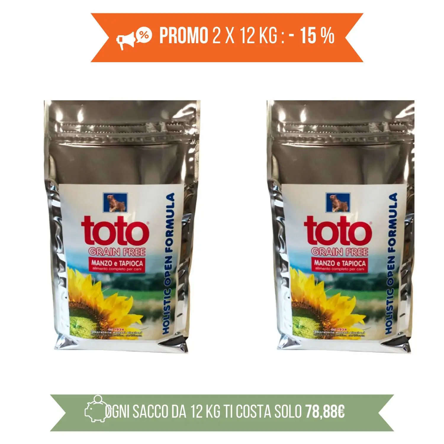 PROMO 2x12Kg Toto Holistic Grain Free Manzo E Tapioca Per Cani