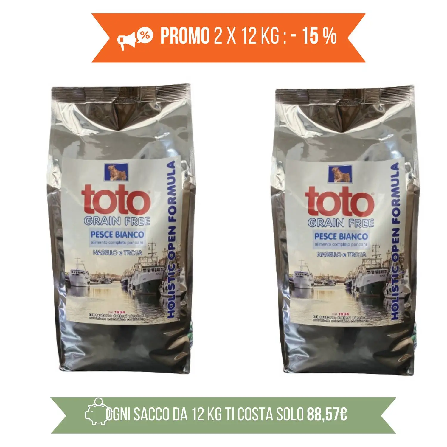 PROMO 2x12Kg Toto Holistic Open Formula Pesce Bianco Nasello E Trota Grain Free Per Cani